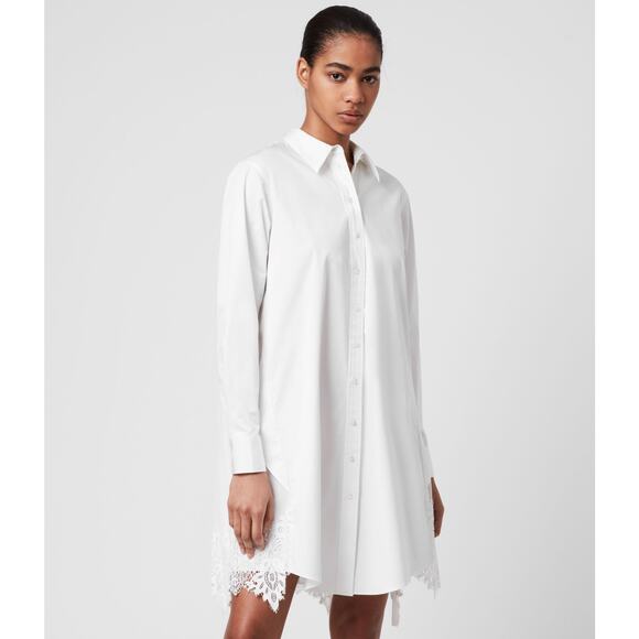 ALLSAINTS Iris Lace Cotton Blend Button Up White Shirt Dress Size M - Picture 2 of 12